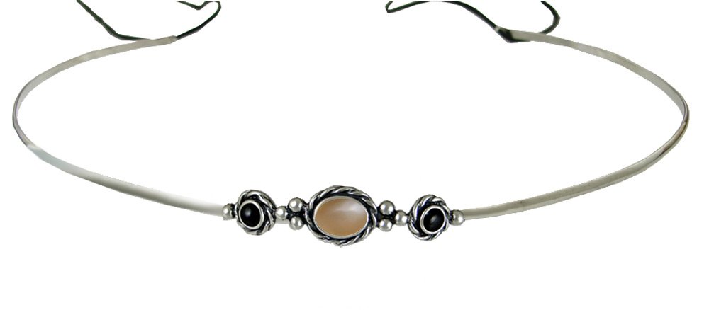 Sterling Silver Renaissance Style Exquisite Headpiece Circlet Tiara With Peach Moonstone And Black Onyx